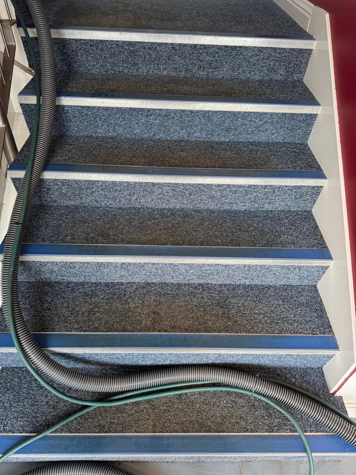 Carpet flight dulled to dingy grey before clean