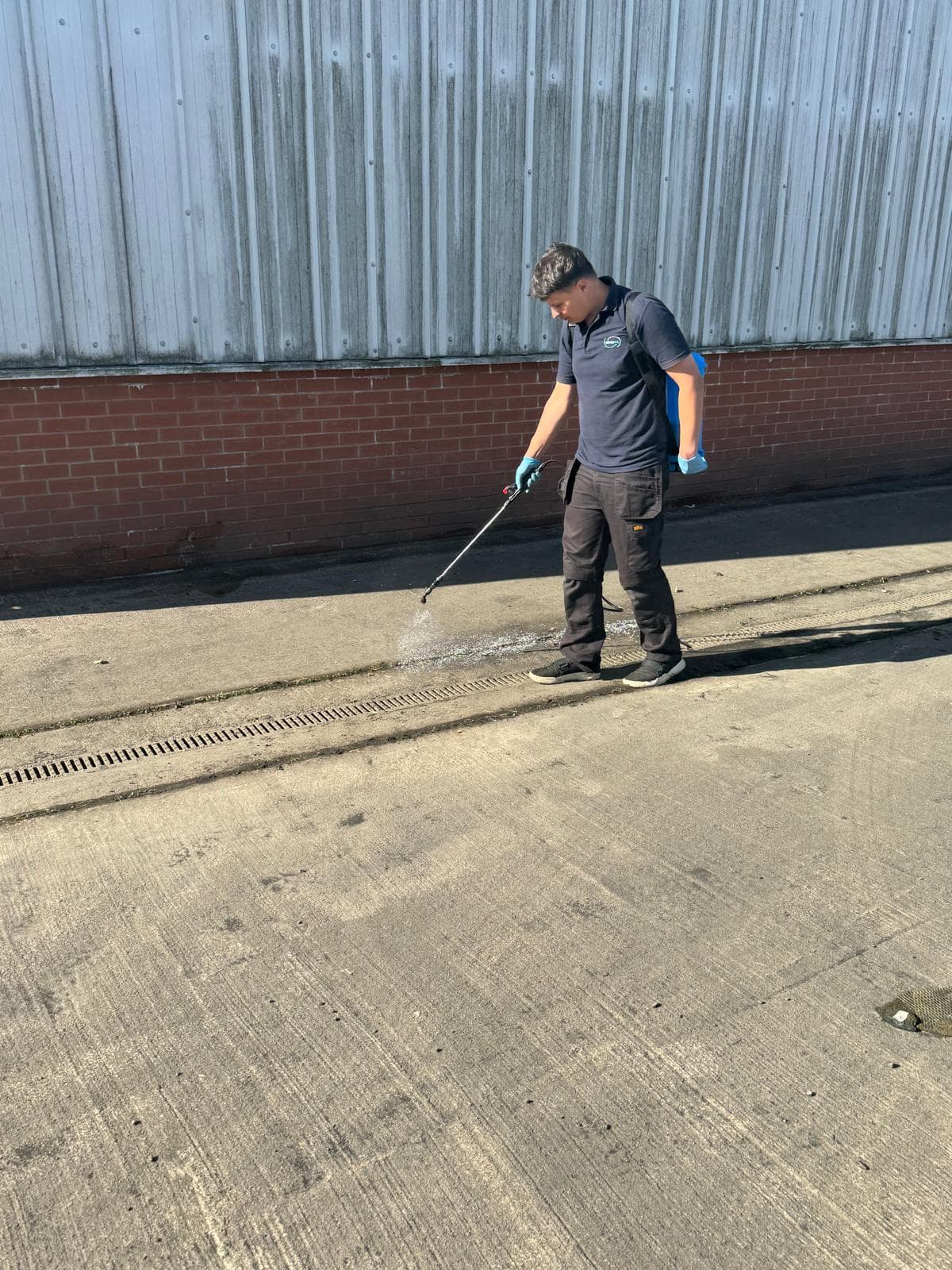 Weed control with backpack sprayer at Elliot Baxter yard
